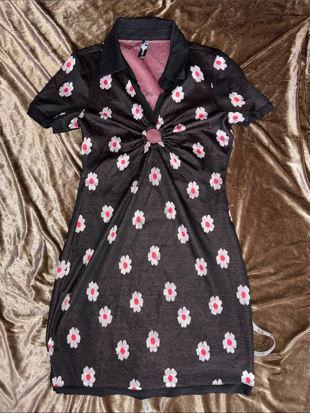 Black Floral Polo Mini Dress with Pink Accents